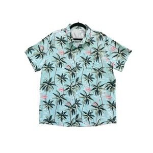 NWOT SHEIN Mens 2XL Button Down Hawaiian Shirt Light Blue Flamingo Palm Tropical